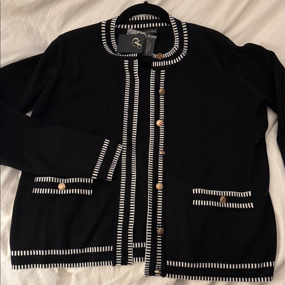 Adrianna Papell Black Cardigan with White Trim